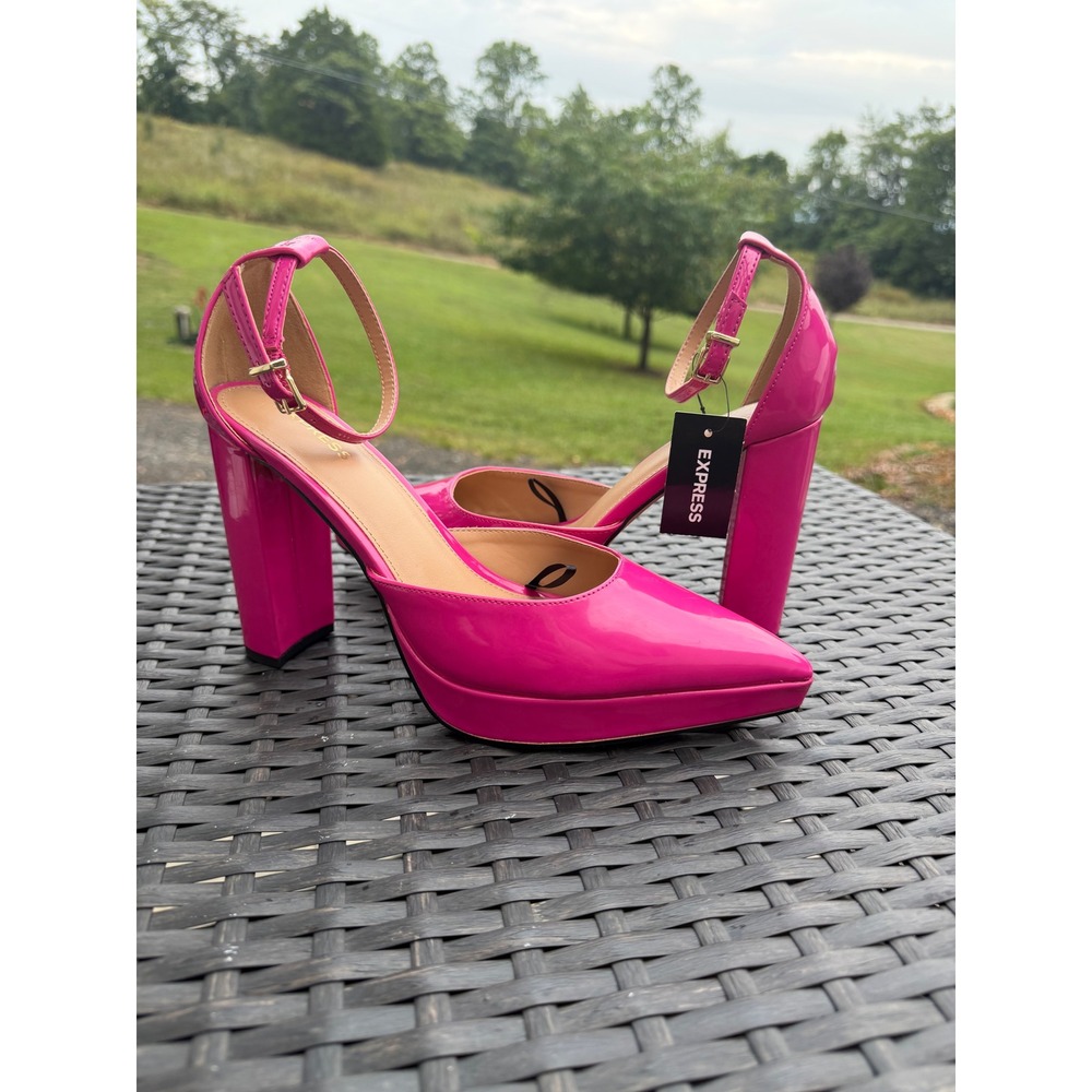 Express Pink Patent Platform Block Heel Pumps Pointed Toe Ankle Strap Size 9 NWT